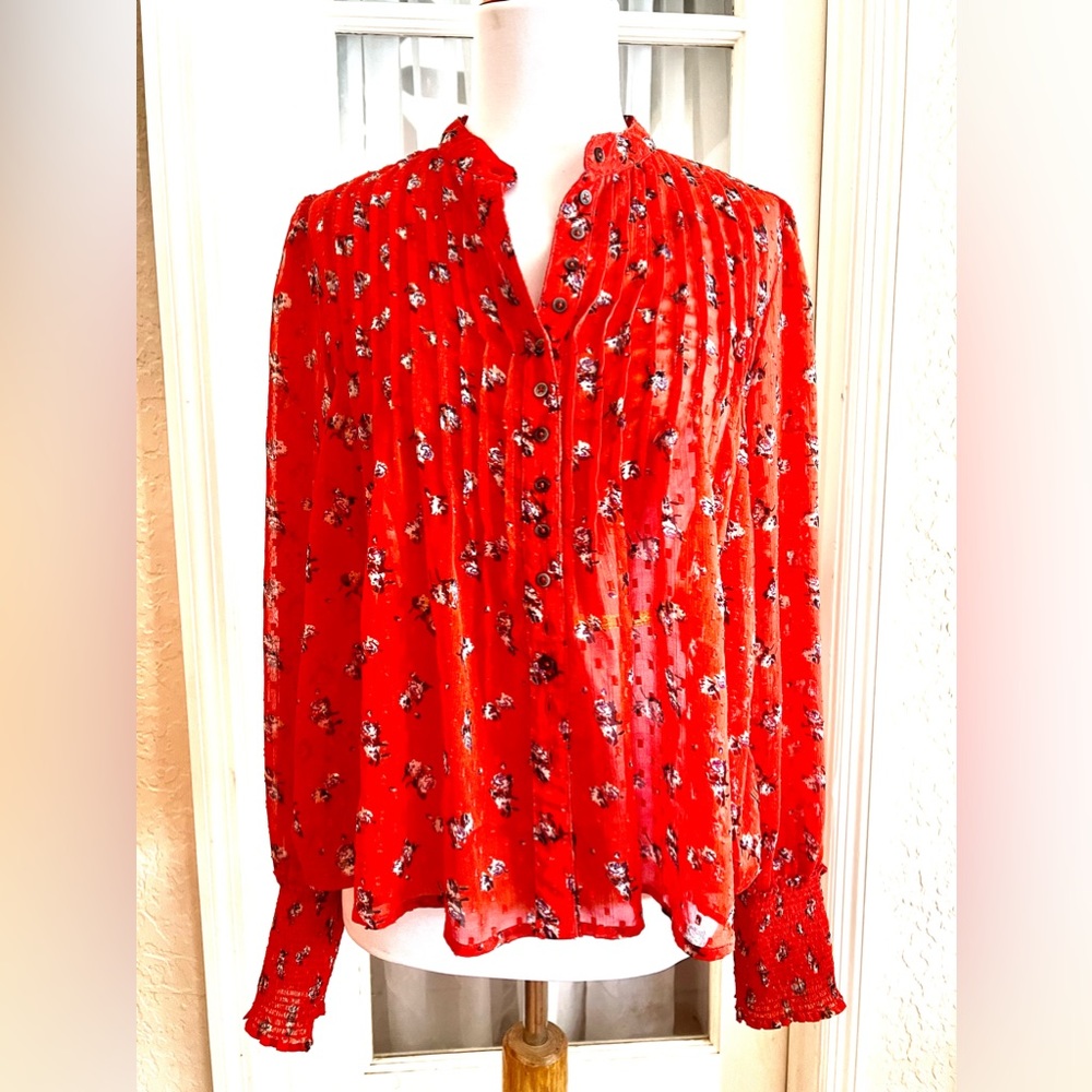 EUC SZ XS Free People billowy red floral blouse